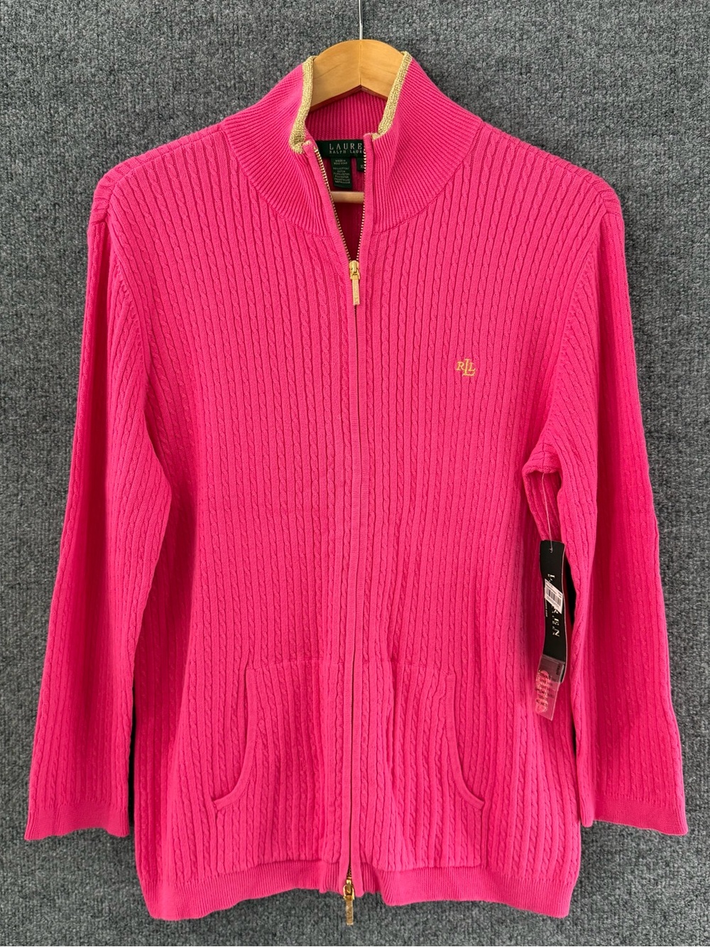 Lauren Ralph Lauren Womens XL Full Zip Knit Sweater Pink Gold 3/4 Sleeve Preppy